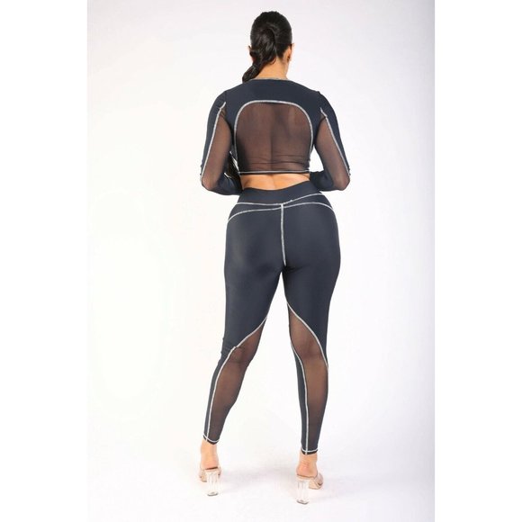 Mesh Contrast Long Sleeve Crop Top with Pants Leggings Outfit 2 Piece Set - Picture 3 of 7
